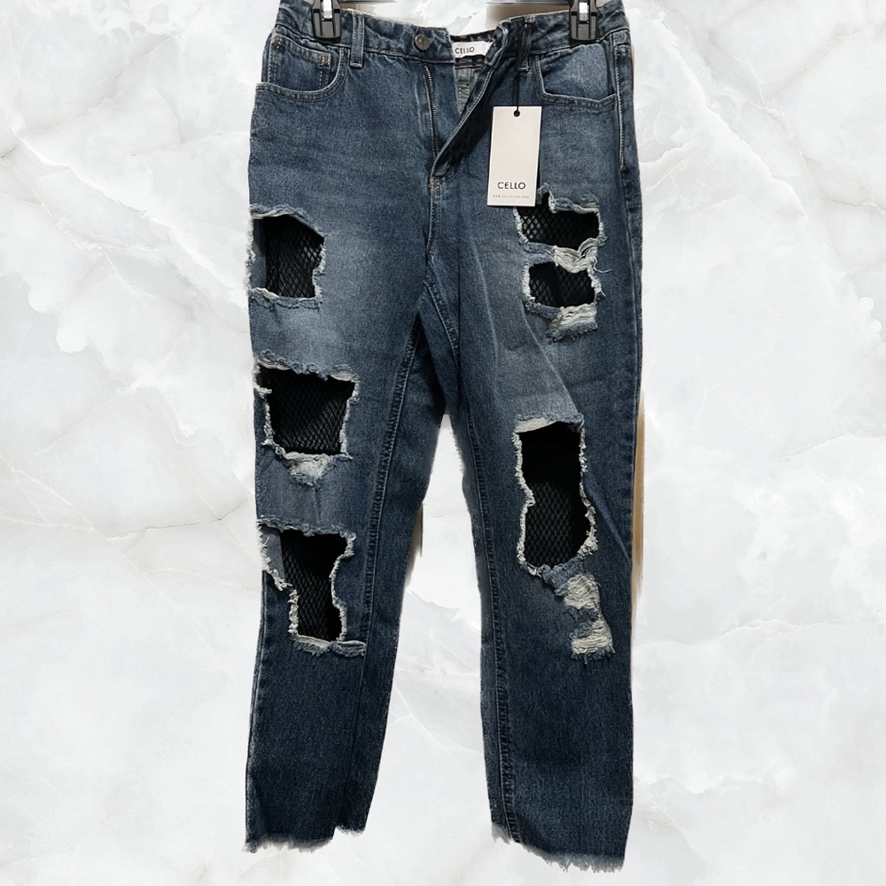 Denim Ripped High Waisted Jeans with Black Mesh Fishnet